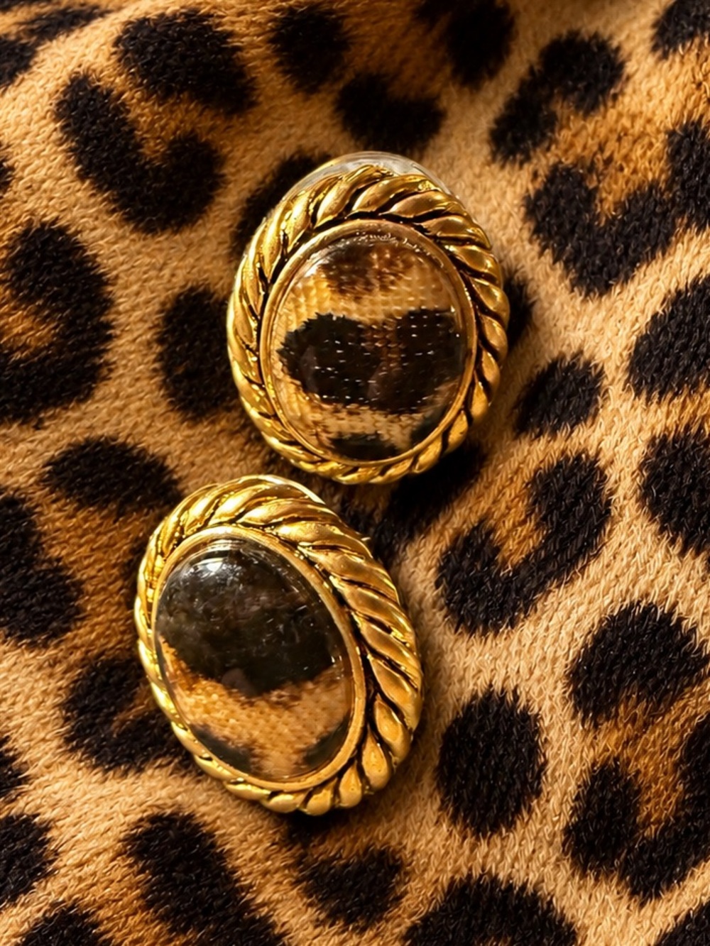 Oval Gold and Animal Print Post Style Earrings